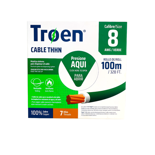 [AWG08-GR] Cable #08 THHN Verde rollo 100mtr TROEN