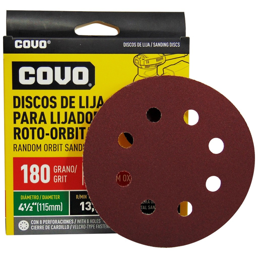 [CV-FSP-15180] Disco abrasivo de lijadora roto-orbital 4.1/2" grano 180 COVO (set 5pz)