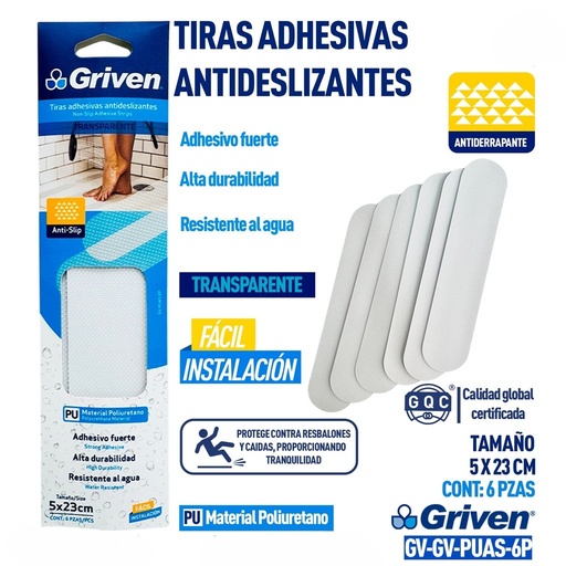 [GV-PUAS-6P] Tiras adhesivas antideslizante transparente 5cm x 23cm GRIVEN (set 6pz)