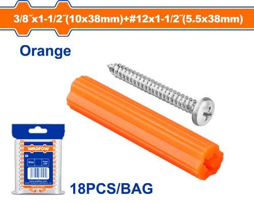 [WXTQ942] Ramplug plástico anaranjado 3/8" x 1.1/2" con tornillo #12 WADFOW (set 18pz)