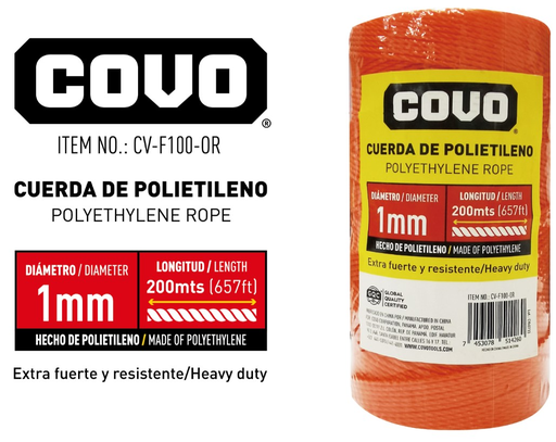 [CV-F100-OR] Cordel pp30 polietileno 1mm x 200mts naranja COVO
