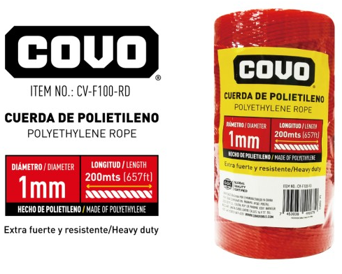 [CV-F100-RD] CORDEL PP30 POLIETILENO 1MM X 200MTS ROJO COVO