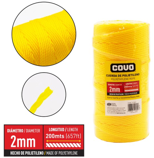 [CV-F200-YE] CORDEL PP30 POLIETILENO 2MM X 200MTS AMARILLO COVO