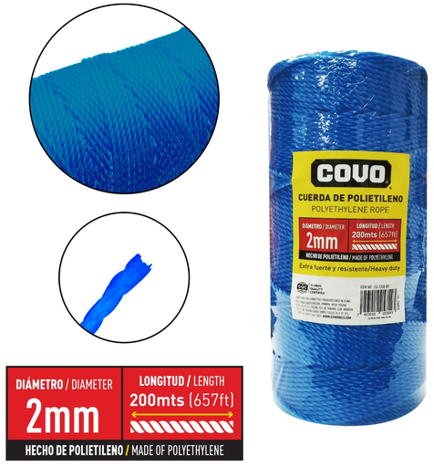 [CV-F200-BU] Cordel pp30 polietileno 2mm x 200mts azul COVO
