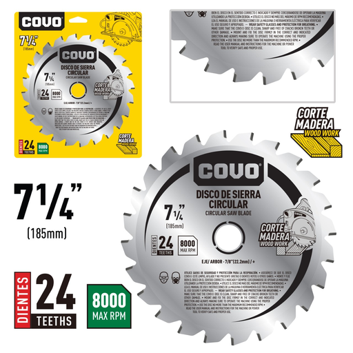 [A367-S9612-CV] Disco de sierra circular 7.1/4'' x 7/8'' x 24 dientes COVO (corte de madera)