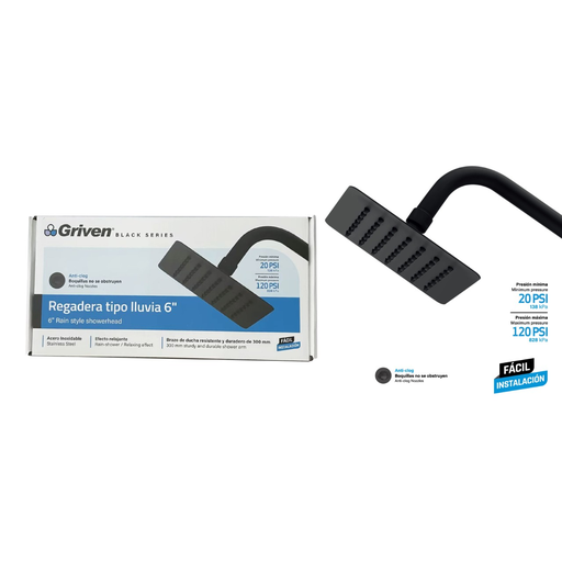 [GV-SHB6-SARM] REGADERA PARA DUCHA 6'' CUADRADA NEGRO GRIVEN