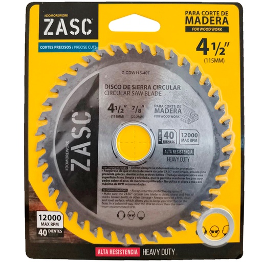 [Z-CDW115-40T] Disco para sierra circular 4.1/2'' x 7/8'' 40 dientes ZASC (corte de madera)