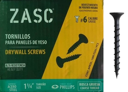 [Z-DSCT-11-4] Tornillo para drywall rosca gruesa 6 x 1.1/4" ZASC (set 1000pz)