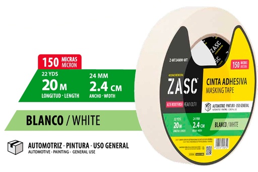 [Z-MT24MM-WT] Tirro de papel blanco para enmascarar 1'' x 20metros ZASC