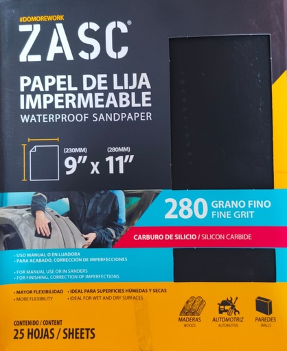 [Z-SCWS9X11-280] Lija abrasiva impermeable 9" x 11'' grano 280 ZASC (set 25 hojas)