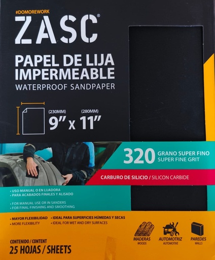 [Z-SCWS9X11-320] Lija abrasiva impermeable 9" x 11" grano 320 ZASC (set 25 hojas)