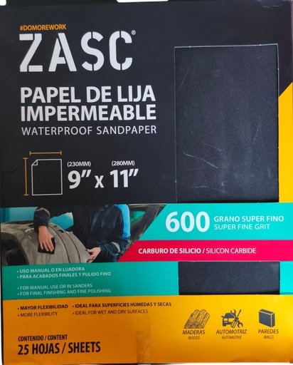 [Z-SCWS9X11-600] Lija abrasiva impermeable 9" x 11'' grano 600 ZASC (set 25 hojas)