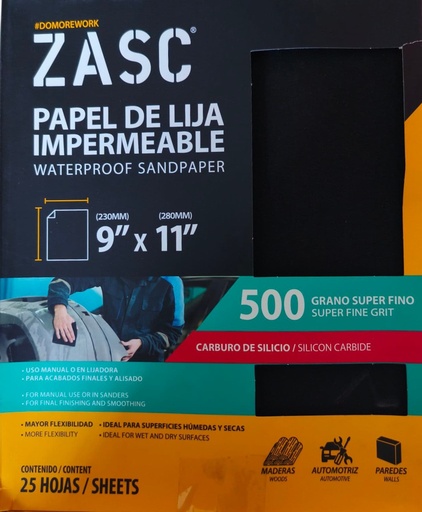 [Z-SCWS9X11-500] Lija abrasiva impermeable 9" x 11'' grano 500 ZASC (set 25 hojas)