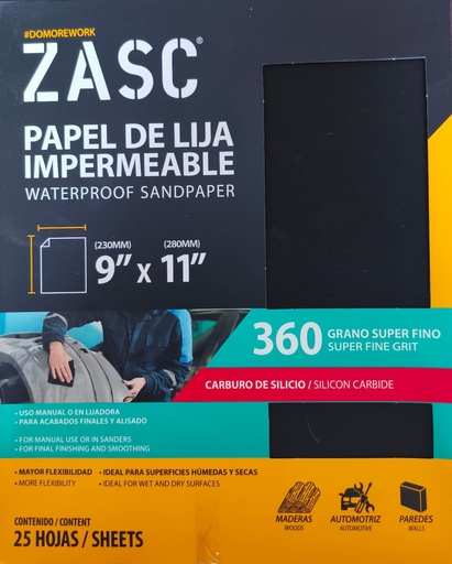 [Z-SCWS9X11-360] Lija abrasiva impermeable 9" x 11'' grano 360 ZASC (set 25 hojas)