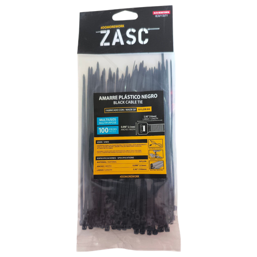 [Z-CT2.5X150MM-B] Tie wrap nylon 66 2,5 x 150mm negro ZASC (Set 100pz)