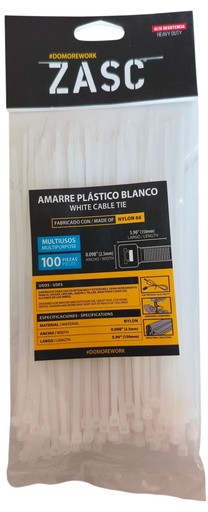 [Z-CT2.5X150MM-W] Tie wrap nylon 66 2,5 x 150mm blanco ZASC (Set 100pz)