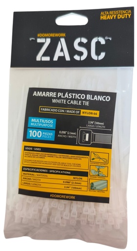 [Z-CT2.5X100MM-W] Tie wrap nylon 66 2,5 x 100mm blanco ZASC (Set 100pz)