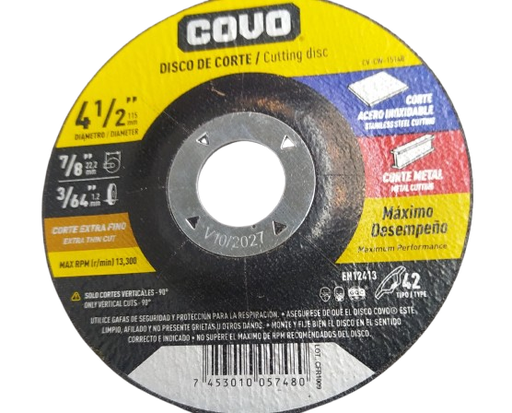 [CV-CW-1514B] Disco abrasivo 4.1/2" x 3/64'' x 7/8'' COVO (centro deprimido)